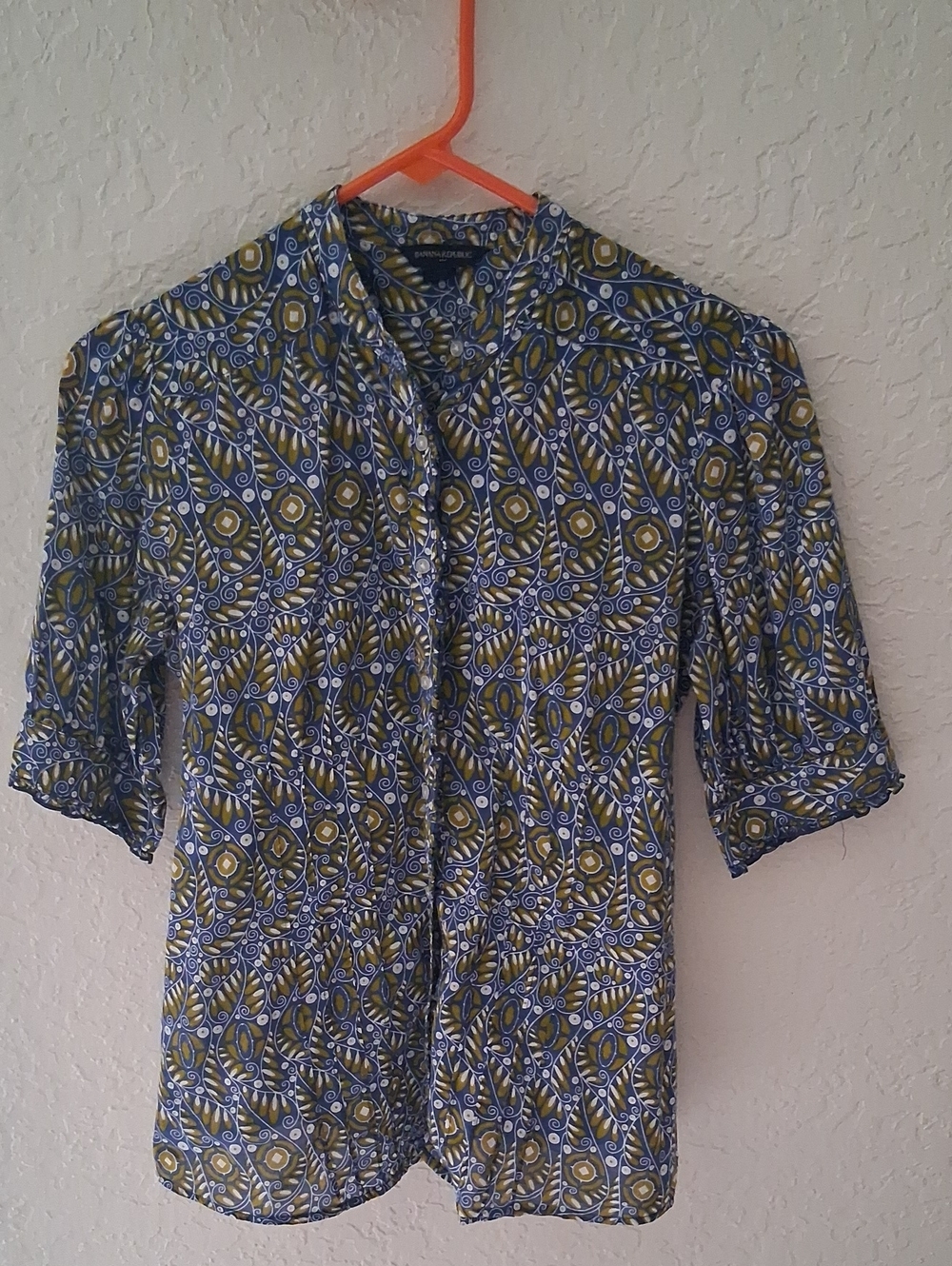 Banana Republic Blue and Olive Printed Tie-Front Blouse